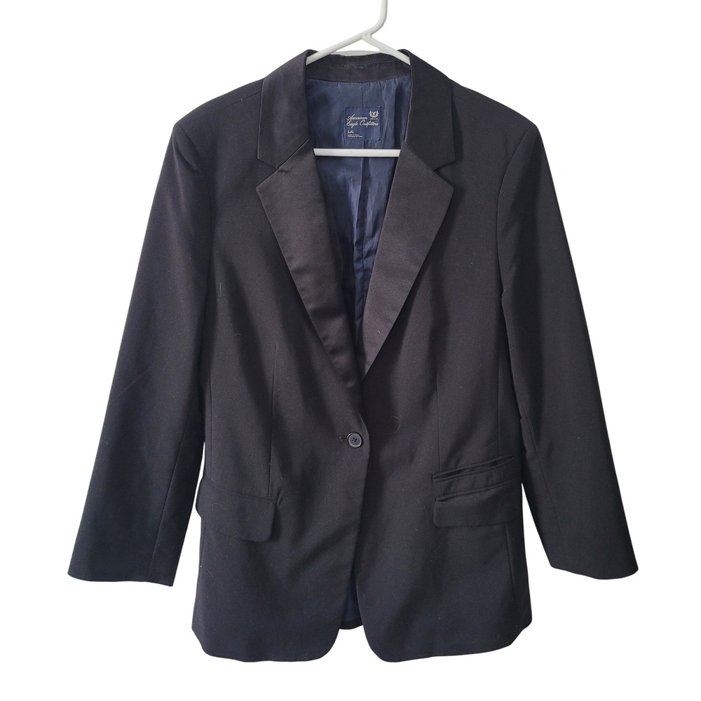American Eagle Outfitters Womens Black Satin Lapel Single Button Blazer Jacket L